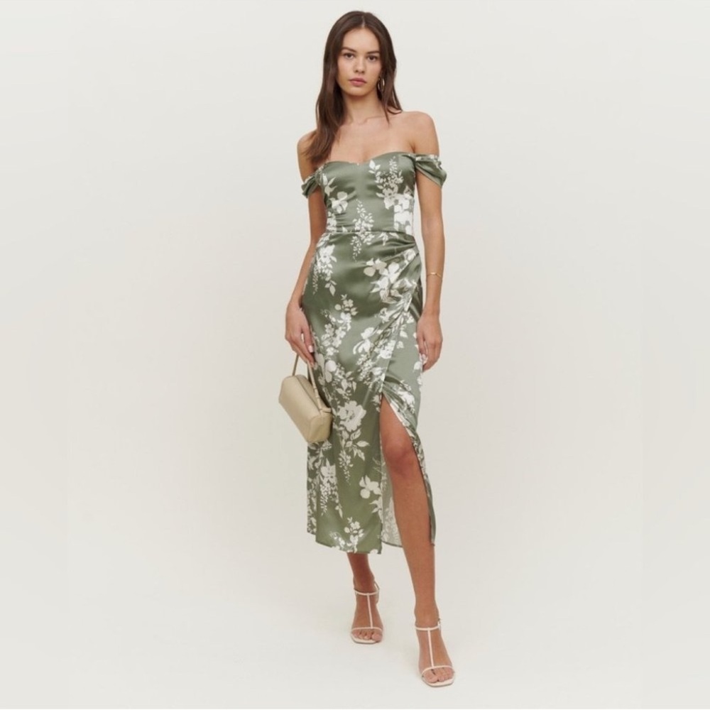 Reformation Strapless Green Floral Dress